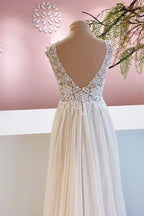 Vestido de novia largo de corte A, escote corazón, tul sin espalda y encaje floral
