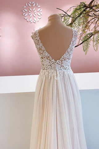 Vestido de novia largo de corte A, escote corazón, tul sin espalda y encaje floral