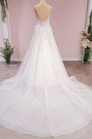 Vestido de novia largo de corte A con tul, espalda descubierta, apliques de encaje y escote corazón