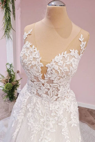 Vestido de novia largo de corte A con tul, espalda descubierta, apliques de encaje y escote corazón