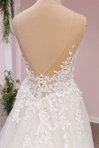 Vestido de novia largo de corte A con tul, espalda descubierta, apliques de encaje y escote corazón