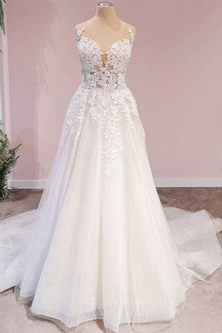 Vestido de novia largo de corte A con tul, espalda descubierta, apliques de encaje y escote corazón