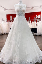Long A-line Tulle Jewel Lace Appliques Wedding Dresses