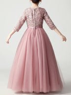 Robes de demoiselle d'honneur longues en tulle, coupe trapèze, col bijou et manches
