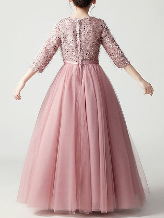Vestidos largos de niña de las flores para concursos de belleza, corte en A, tul, cuello joya y mangas.
