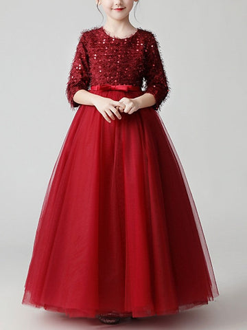 Long A-Line Tulle Jewel Neck Pageant Flower Girl Dresses With Sleeves