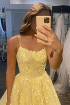 Long A-line Tulle Lace Backless Formal Graduation Prom Dresses