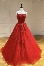 Robe de bal longue trapèze en tulle et dentelle, dos nu et laçage