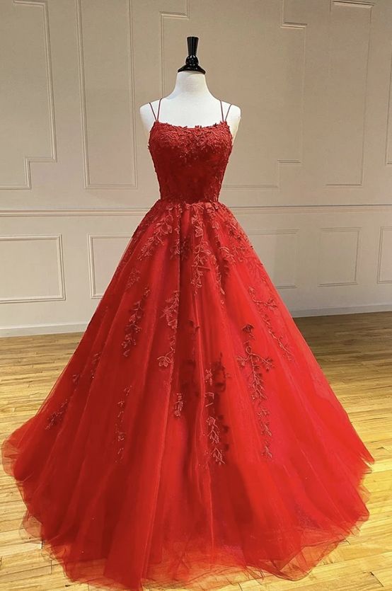 Robe de bal longue trapèze en tulle et dentelle, dos nu et laçage