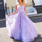 Robe de bal longue trapèze en tulle et dentelle, dos nu et laçage