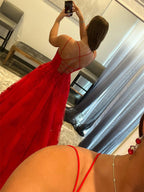 Robes de bal rouges longues en tulle et dentelle dos nu, coupe trapèze