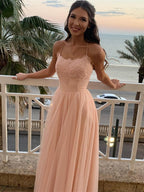 Long A-line Tulle Lace Open Back Formal Prom Dresses