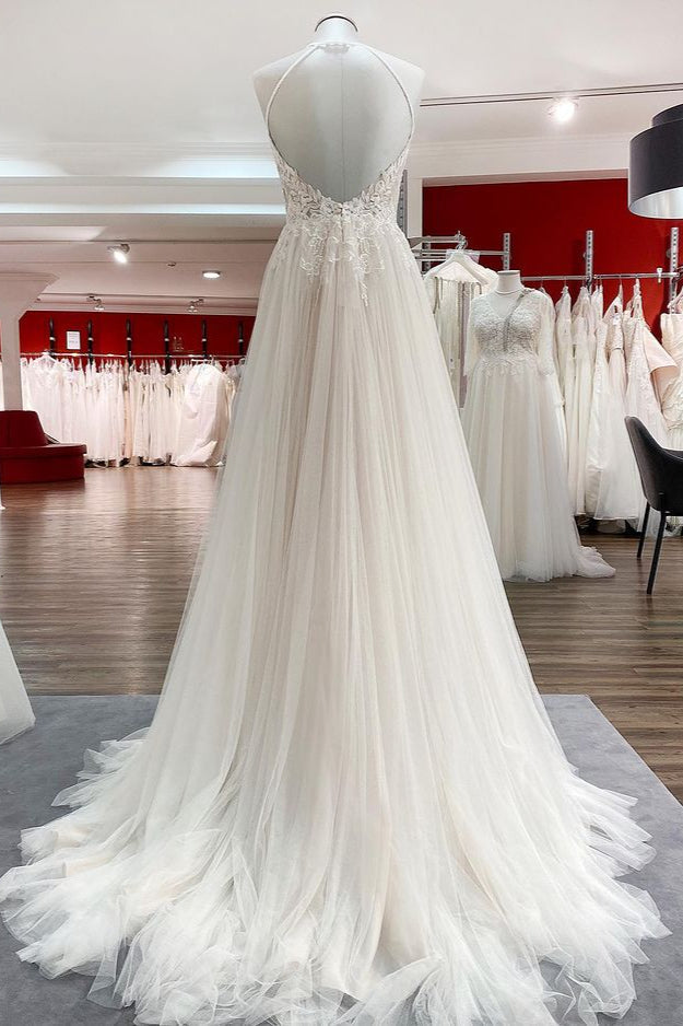 Vestidos de novia largos de encaje sin mangas con espalda descubierta, corte en A, tul y tul.
