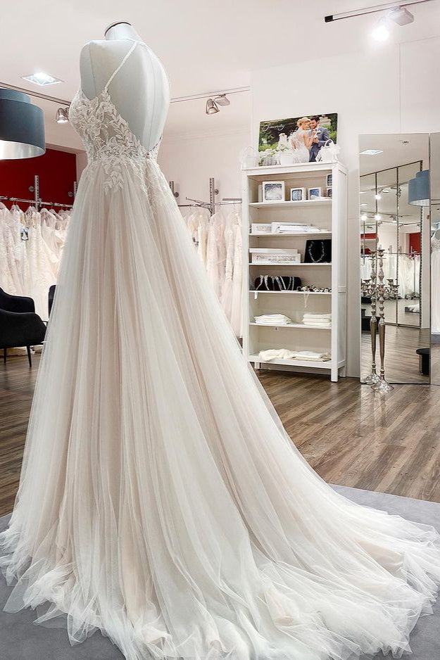 Vestidos de novia largos de encaje sin mangas con espalda descubierta, corte en A, tul y tul.