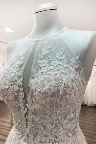 Vestidos de novia largos de encaje sin mangas con espalda descubierta, corte en A, tul y tul.