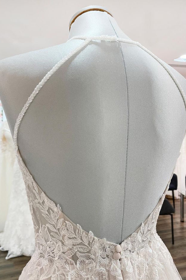 Vestidos de novia largos de encaje sin mangas con espalda descubierta, corte en A, tul y tul.