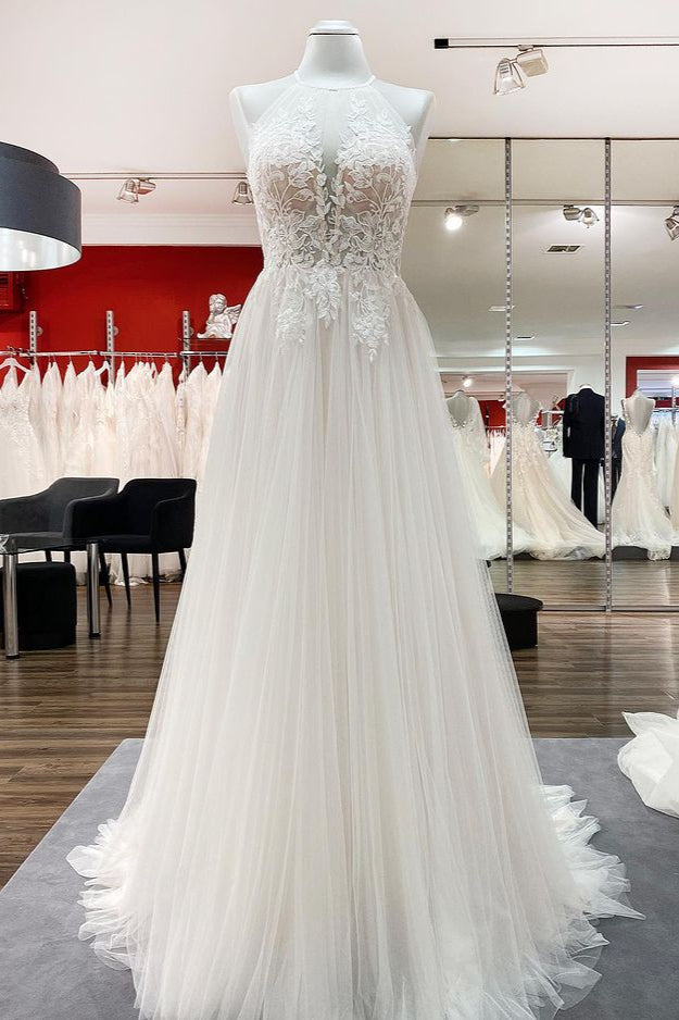 Vestidos de novia largos de encaje sin mangas con espalda descubierta, corte en A, tul y tul.