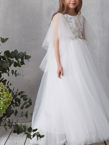 Vestidos largos de tul de corte A, manga corta, cuello joya, para niña de las flores (para concursos de belleza)