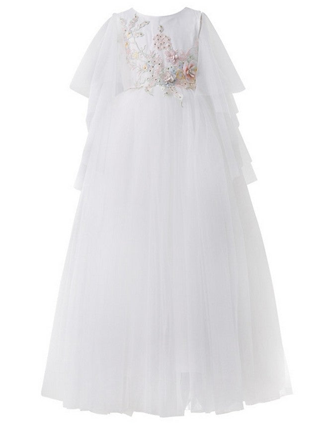 Vestidos largos de tul de corte A, manga corta, cuello joya, para niña de las flores (para concursos de belleza)