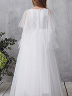 Robes de demoiselle d'honneur longues en tulle à manches courtes et col rond, coupe trapèze, pour concours de beauté