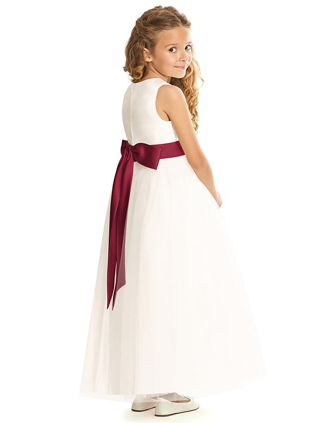 Vestidos largos de corte A de tul sin mangas con cuello joya para niñas de las flores y fiestas de bodas