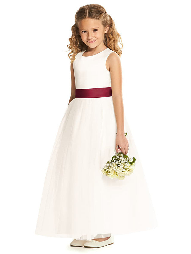 Vestidos largos de corte A de tul sin mangas con cuello joya para niñas de las flores y fiestas de bodas