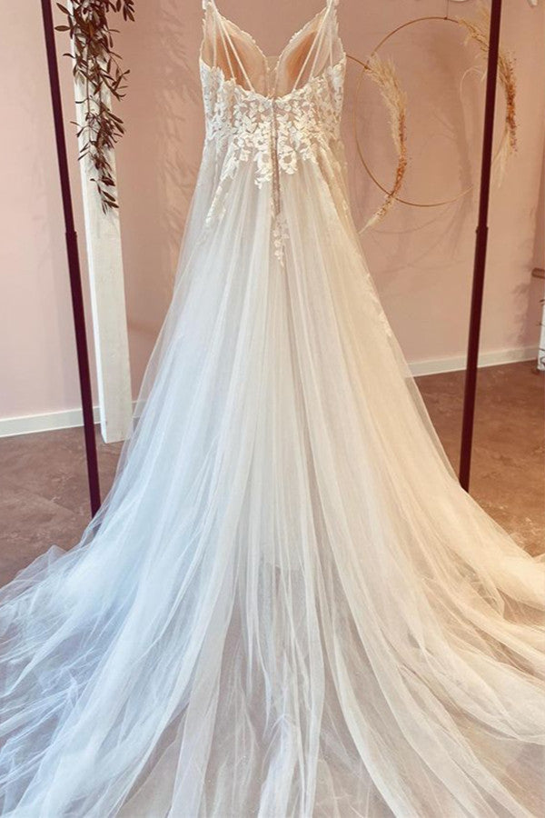 Vestido de novia largo de corte A con tul, escote corazón, apliques de encaje y vestido de novia