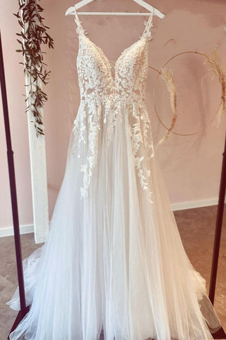 Vestido de novia largo de corte A con tul, escote corazón, apliques de encaje y vestido de novia