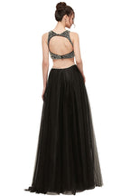Robe de bal longue trapèze deux pièces en tulle sans manches à col rond ornée de perles
