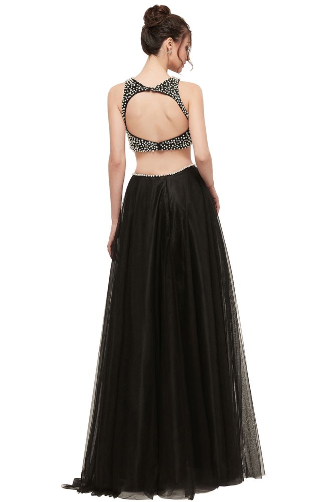 Robe de bal longue trapèze deux pièces en tulle sans manches à col rond ornée de perles