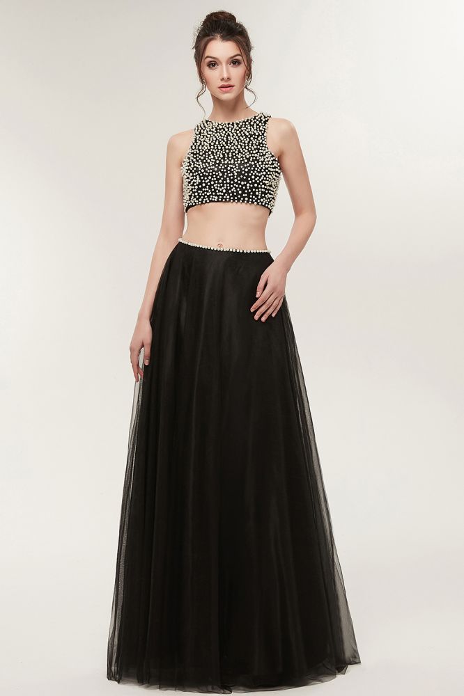 Robe de bal longue trapèze deux pièces en tulle sans manches à col rond ornée de perles