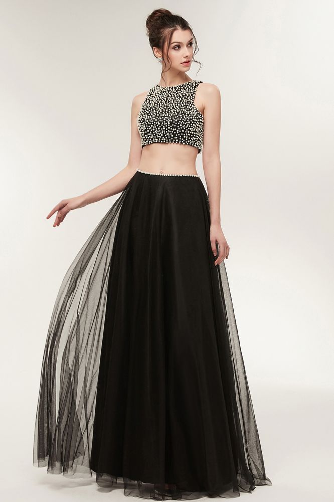 Robe de bal longue trapèze deux pièces en tulle sans manches à col rond ornée de perles