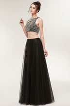 Robe de bal longue trapèze deux pièces en tulle sans manches à col rond ornée de perles