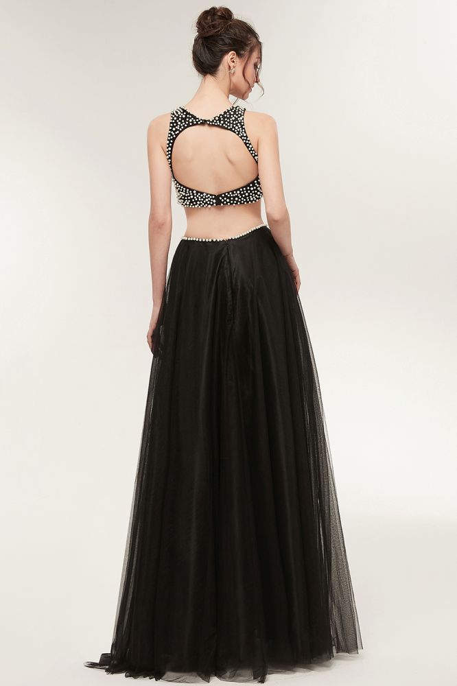 Robe de bal longue trapèze deux pièces en tulle sans manches à col rond ornée de perles