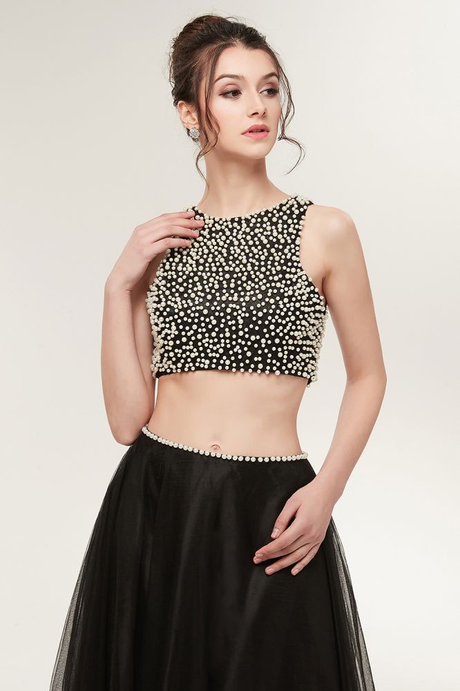 Robe de bal longue trapèze deux pièces en tulle sans manches à col rond ornée de perles