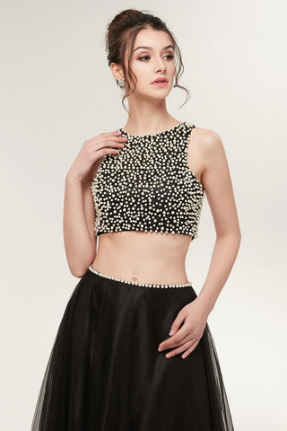 Vestidos de fiesta largos de dos piezas, corte en A, de tul, sin mangas y con perlas