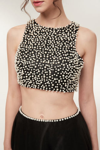 Vestidos de fiesta largos de dos piezas, corte en A, de tul, sin mangas y con perlas