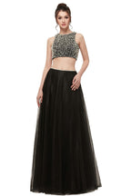 Robe de bal longue trapèze deux pièces en tulle sans manches à col rond ornée de perles