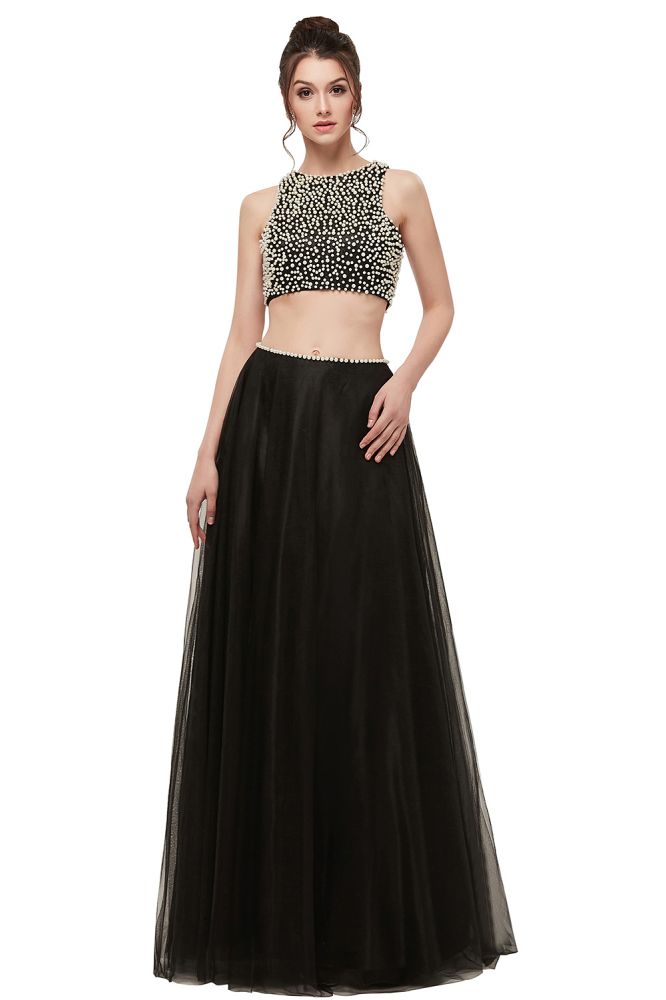 Robe de bal longue trapèze deux pièces en tulle sans manches à col rond ornée de perles