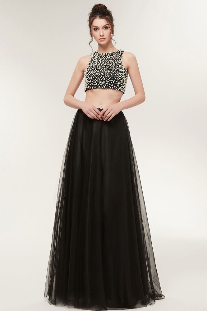 Robe de bal longue trapèze deux pièces en tulle sans manches à col rond ornée de perles