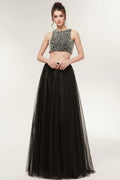 Robe de bal longue trapèze deux pièces en tulle sans manches à col rond ornée de perles