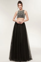 Robe de bal longue trapèze deux pièces en tulle sans manches à col rond ornée de perles