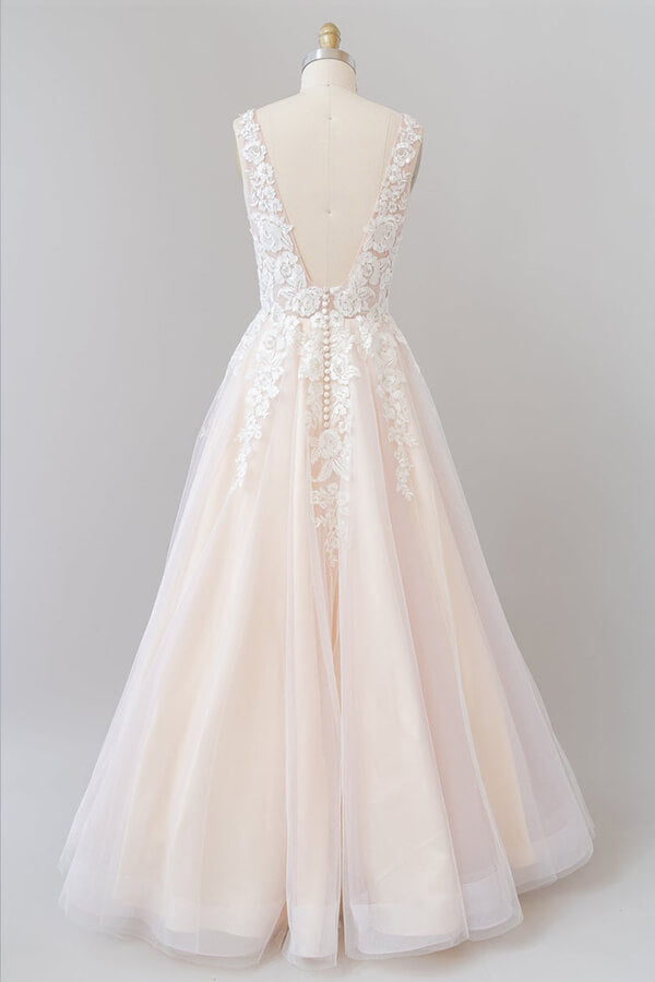 Vestido de novia largo de corte A con escote en V, apliques, encaje y tul, sin espalda