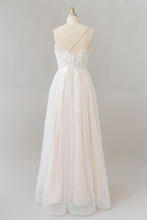 Vestido de novia largo de corte A con escote en V, apliques, encaje y tul, sin espalda