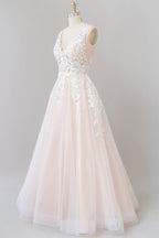 Vestido de novia largo de corte A con escote en V, apliques, encaje y tul, sin espalda