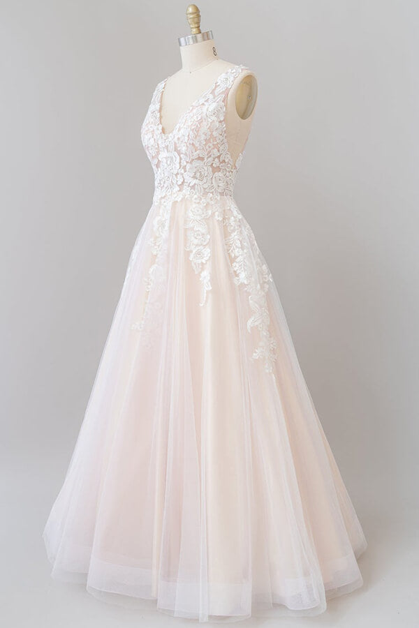 Vestido de novia largo de corte A con escote en V, apliques, encaje y tul, sin espalda