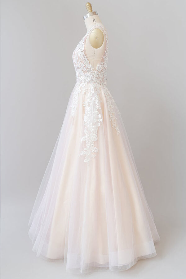 Vestido de novia largo de corte A con escote en V, apliques, encaje y tul, sin espalda