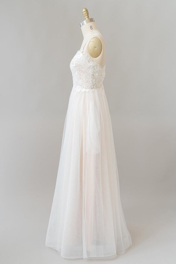 Vestido de novia largo de corte A con escote en V, apliques, encaje y tul, sin espalda