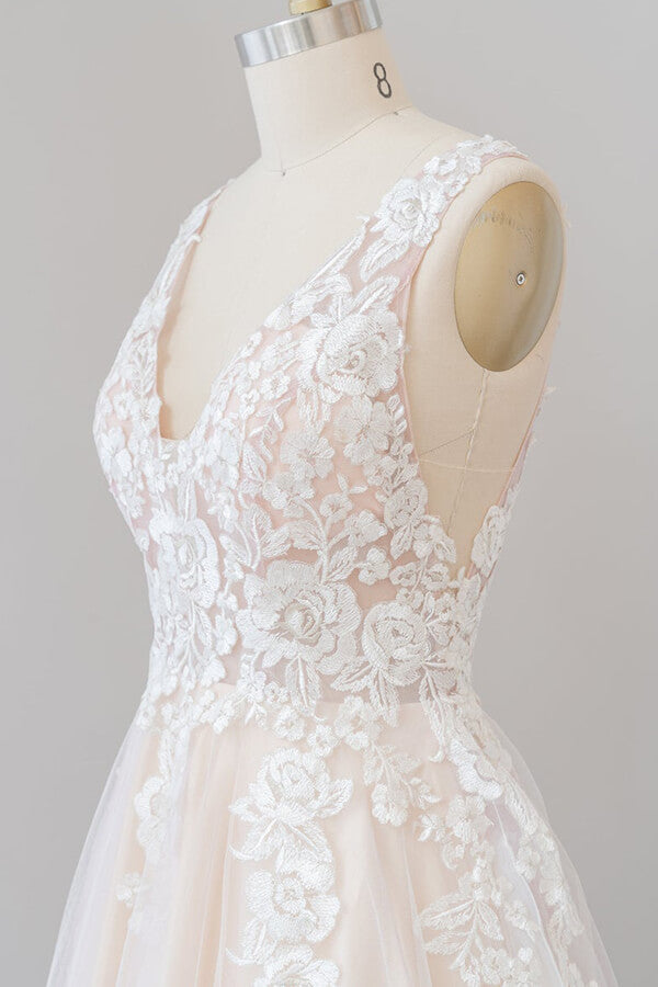 Vestido de novia largo de corte A con escote en V, apliques, encaje y tul, sin espalda