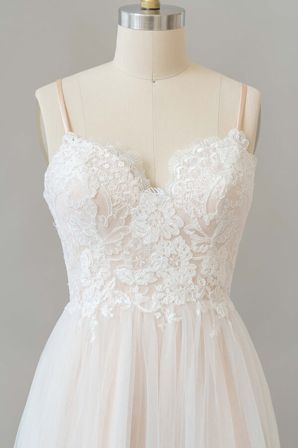 Vestido de novia largo de corte A con escote en V, apliques, encaje y tul, sin espalda